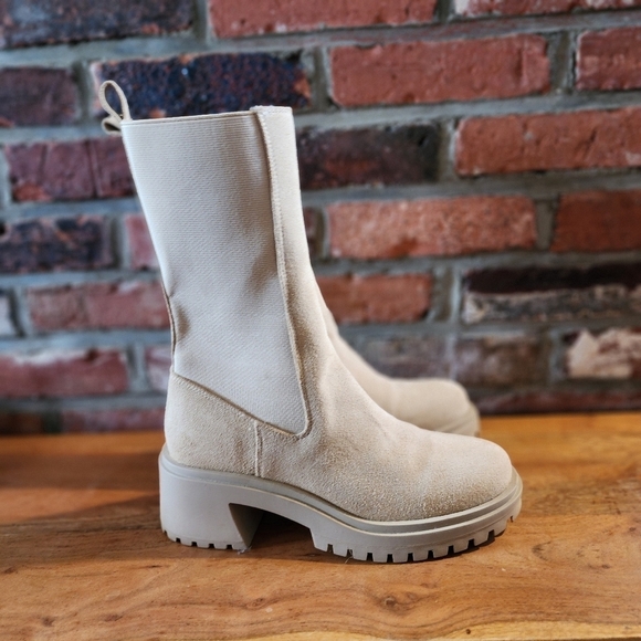 Steve Madden Hesitant Suede Chunky Mid Shaft Boots Size 8 in Sand - Picture 3 of 11